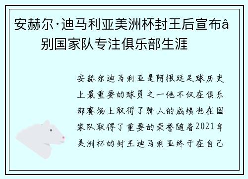安赫尔·迪马利亚美洲杯封王后宣布告别国家队专注俱乐部生涯